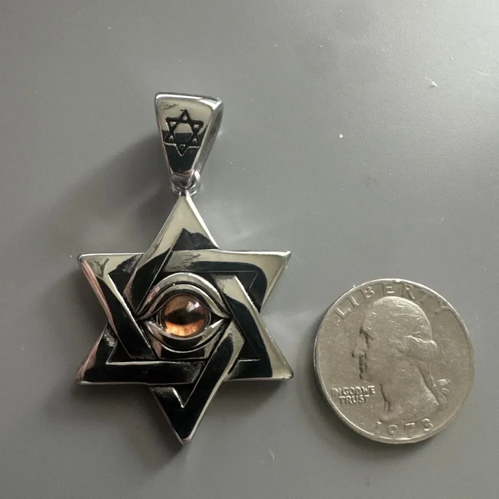Star Of David Evil Eye Stainless Steel Pendant 24” Chain Jewish Religious Israel